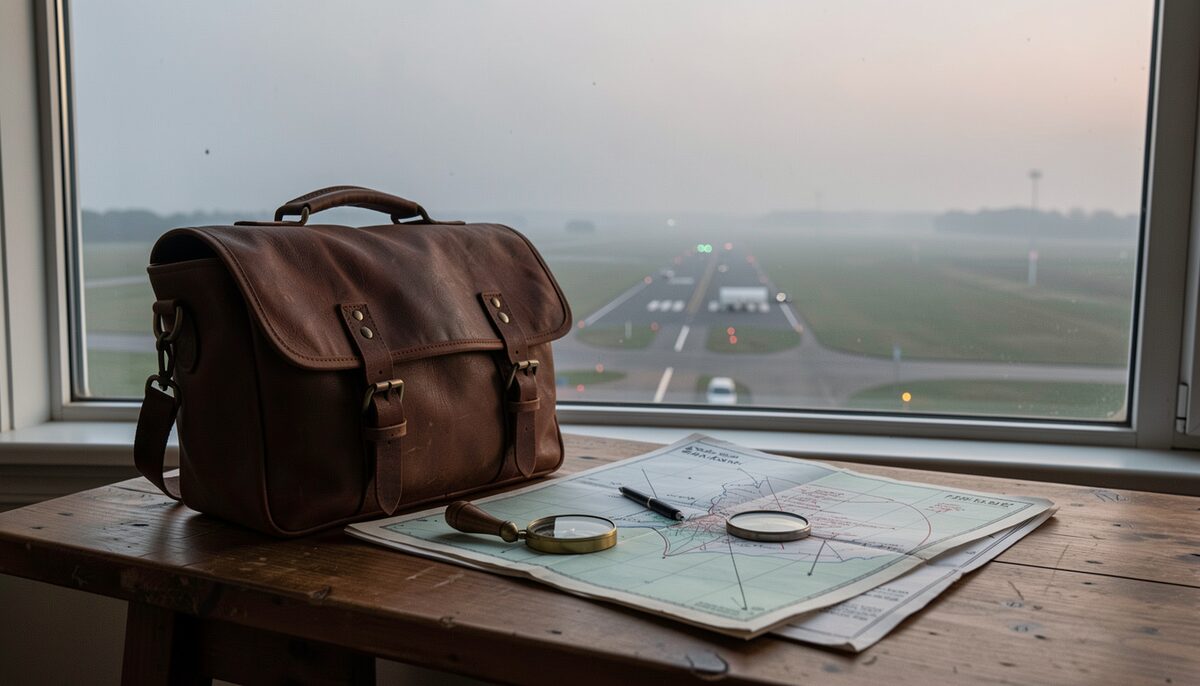 A leather courier bag, a folded aeronautical chart and a compass on a wooden table beside a window, an airfield with a single runway visible through evening haze.