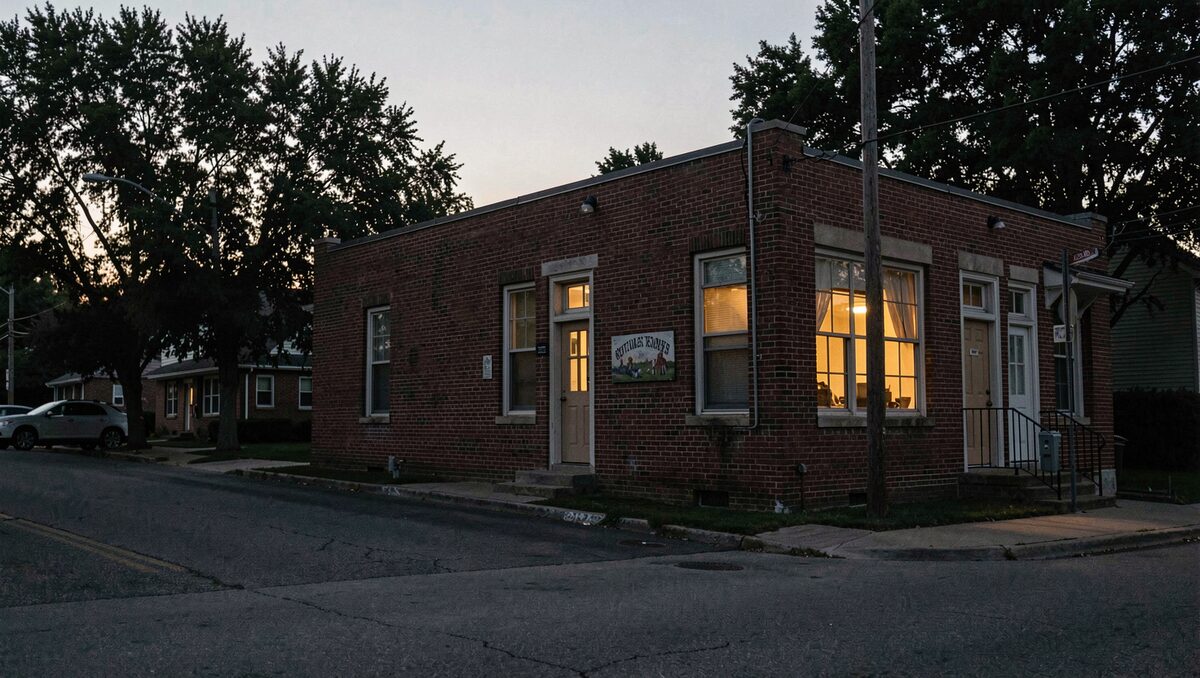 A small brick municipal building on a quiet American main street at dusk, one window lit, a painted sign barely visible, trees dark against a pale sky.