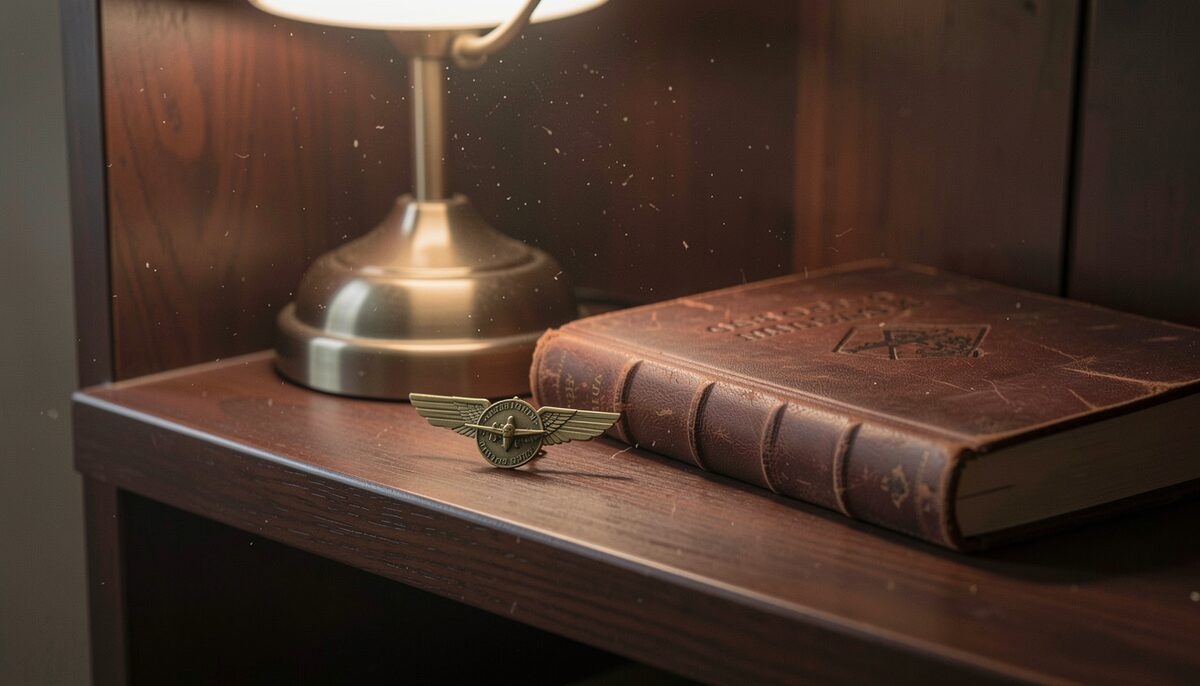 A small brass aviation wings pin and a round commemorative medal resting on a dark wooden shelf beside a closed leather logbook, single lamp light from the side, dust motes in the beam.